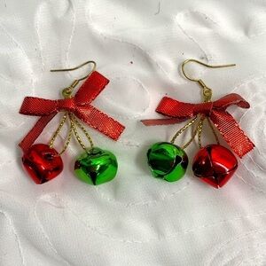 Vintage Holiday Bell Bauble Dangle Earrings With Bows - Red/Green/Gold, Hooks